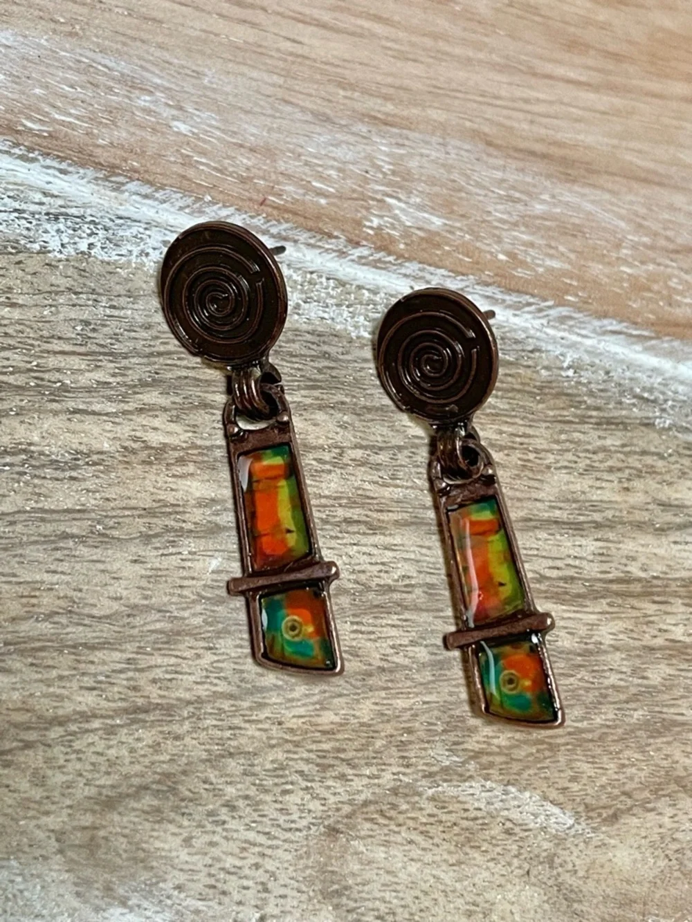 Multicolor Enamel Drop Earrings - Copper Tone